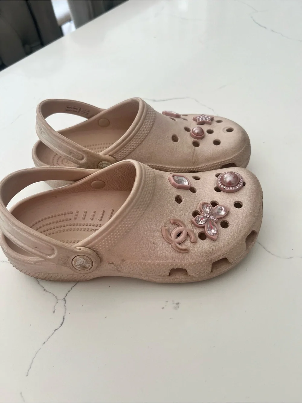 CROCS Kids Metallic Rose Gold Slip-On Clogs with Jewel Charms